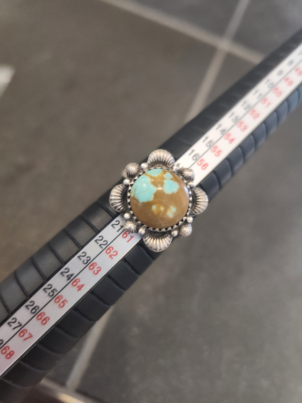 Frosted Sterling Silver + #8 Turquoise Chunky Textured Floral Ring Sz 8.75